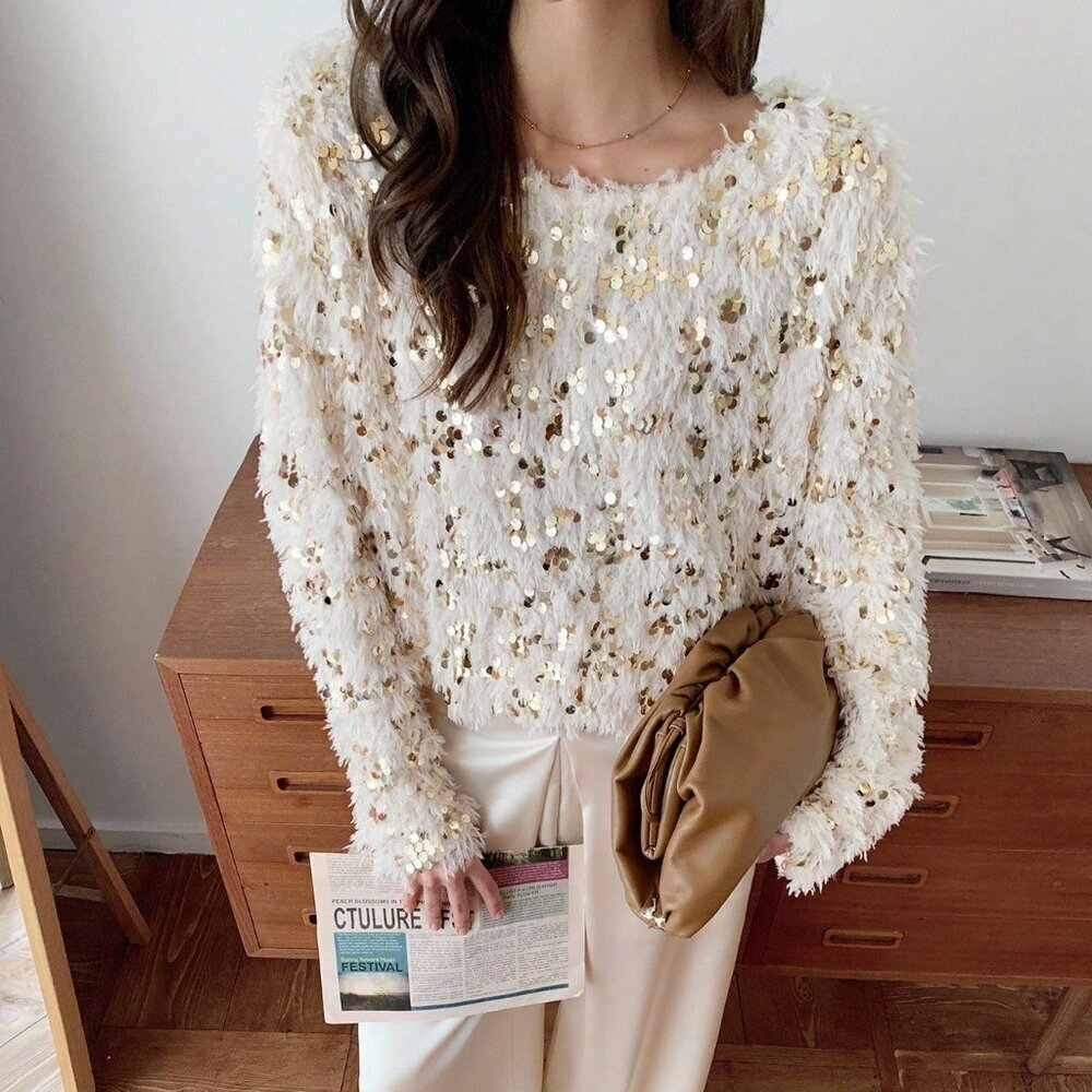 Apricot Casual Women's Fluffy Sequin Crew Neck Sweater